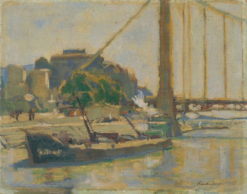 Viejo Budapest de Alexander Kubínyi, obra de realismo que muestra calles de adoquines y edificios desgastados.