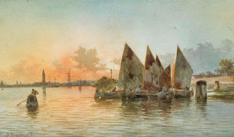 Boats in front of Venice, oil painting by Alberto Prosdocimi