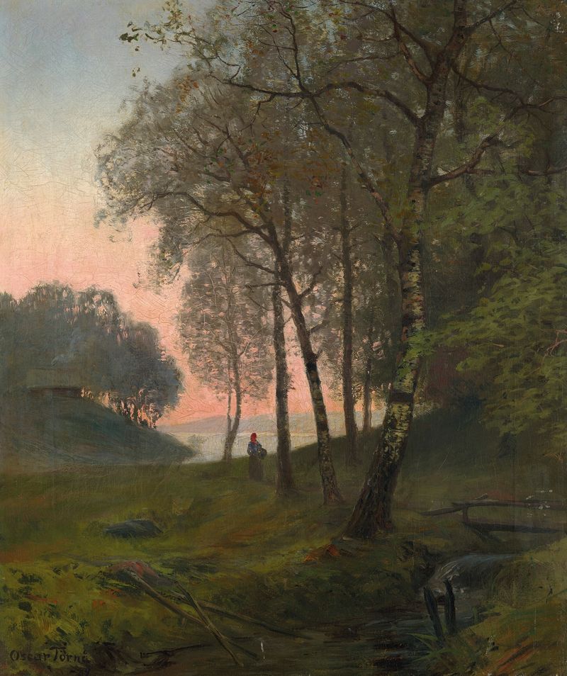 Wooded landscape with figure by Oscar Törnå, oil on canvas, depicting a traveler in a serene forest.