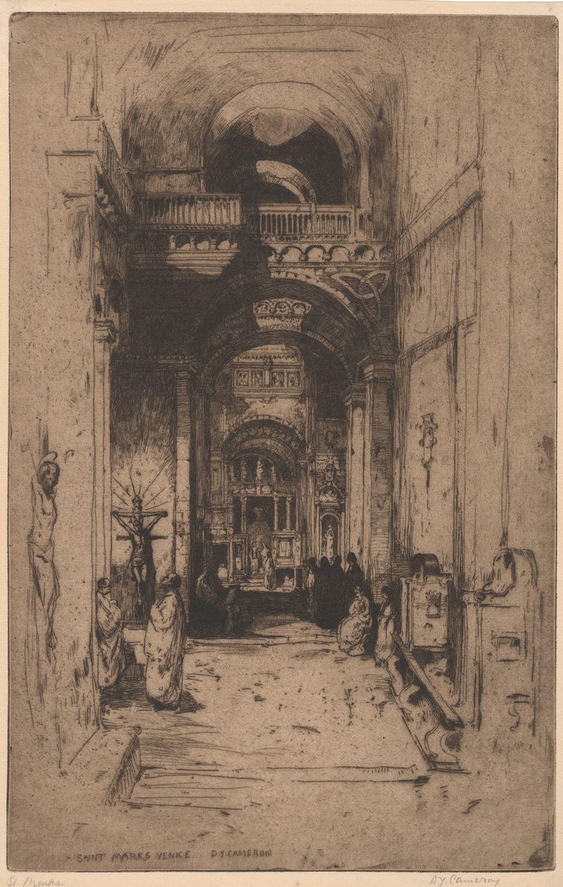 St. Mark’s Place, Veneza de David Young Cameron, pintura a óleo com arquitetura intrincada.