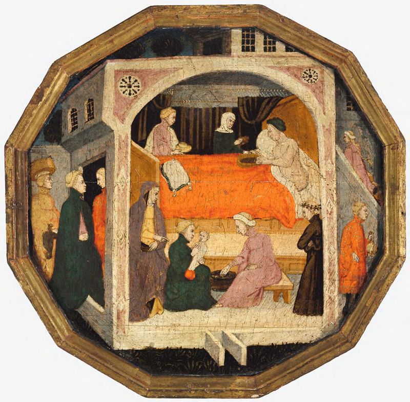 A Birth Scene de Master of Charles of Durazzo, têmpera sobre painel, retratando uma mãe segurando seu recém-nascido.