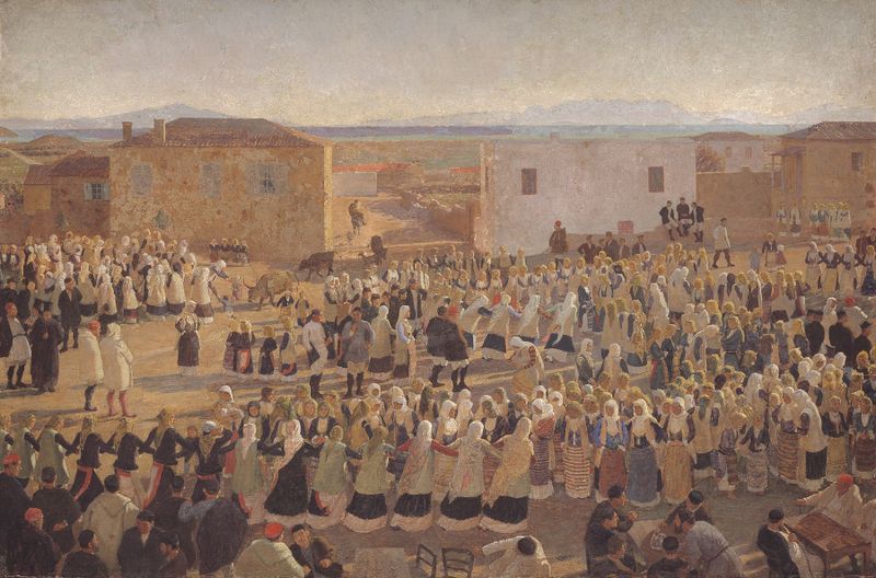 Obra figurativa que muestra mujeres bailando, pintura al óleo de Niels Skovgaard