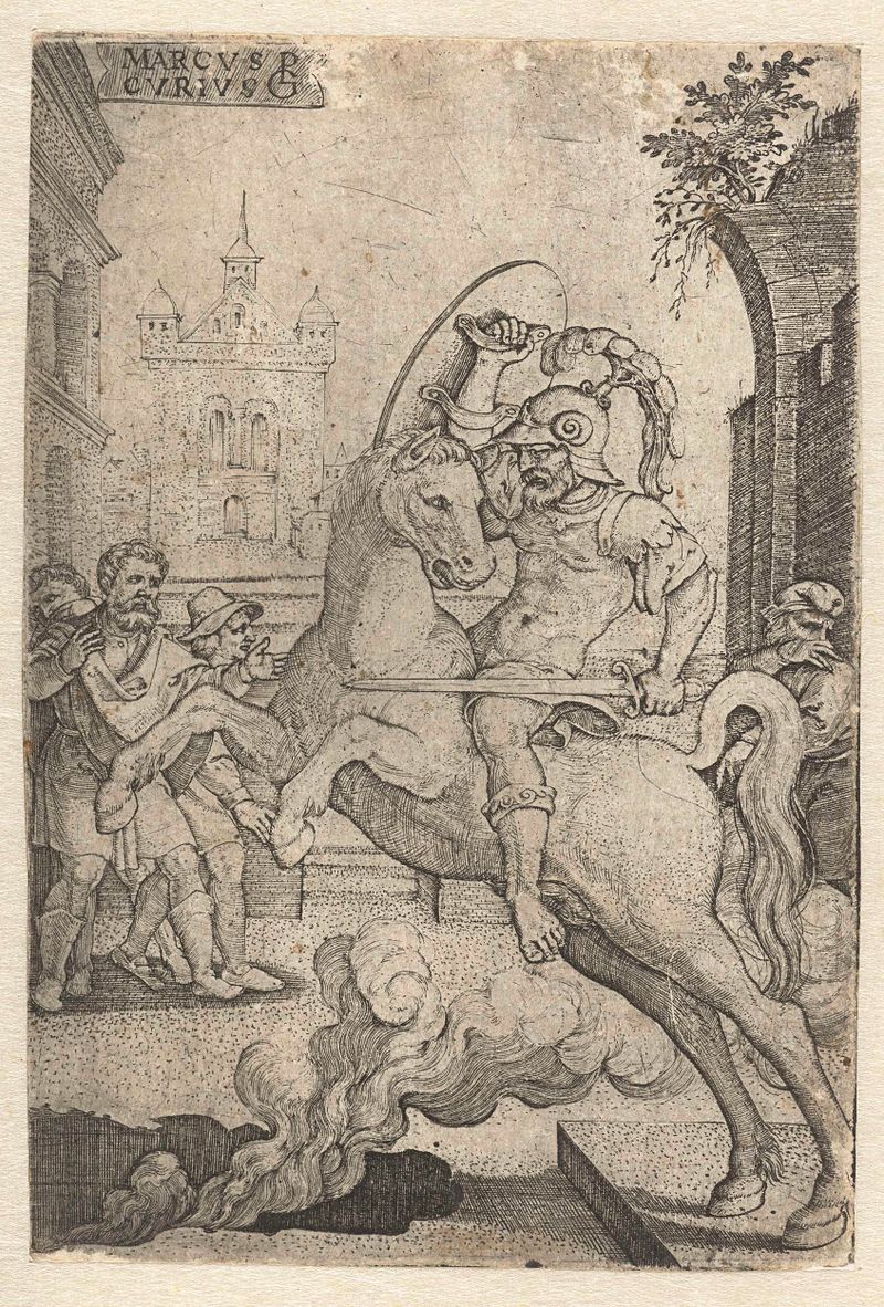 Gravura de Georg Pencz mostrando Marcus Curtius em um abismo
