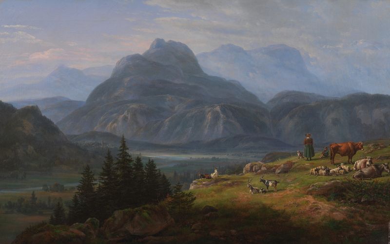 El Valle de Etsch cerca de Roveredo, óleo sobre lienzo de Johan Christian Dahl, que representa montañas y luz solar.