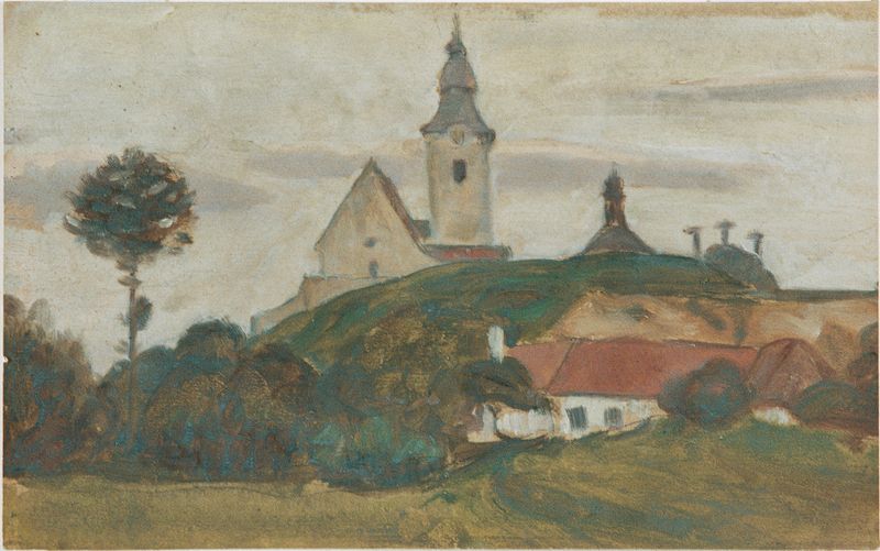 Landschaft mit Kirche und Dorf de Walther Gamerith, pintura al óleo que representa un paisaje de iglesia y pueblo.