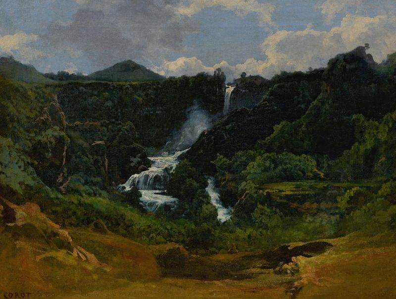 Pintura al óleo de una cascada rodeada de árboles de Jean-Baptiste-Camille Corot