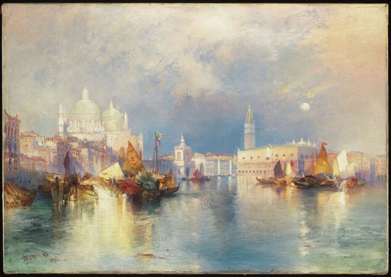 Paisaje de Venecia de Thomas Moran, óleo sobre lienzo que representa arquitectura antigua y luz dorada