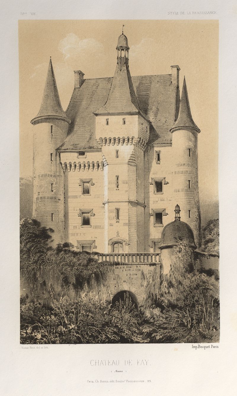 Château De Fay by Victor Petit, oil painting depicting a château against a muted sky.