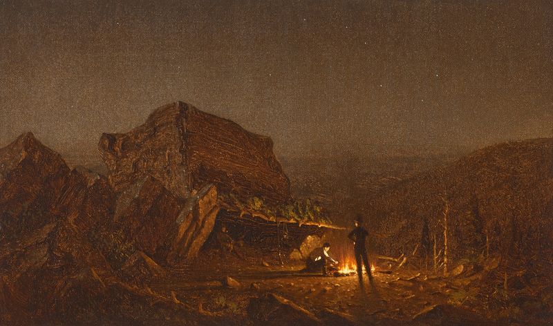 Camping for the Night on Mansfield Mountain de Sanford Robinson Gifford, pintura a óleo de uma fogueira em uma paisagem mo...