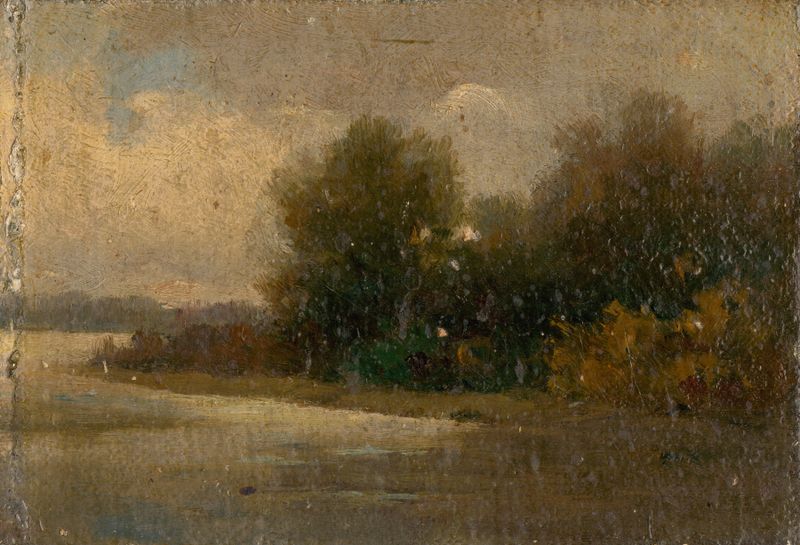 Forest by the River, oil on canvas by Felicián Moczik, depicting trees and a river.