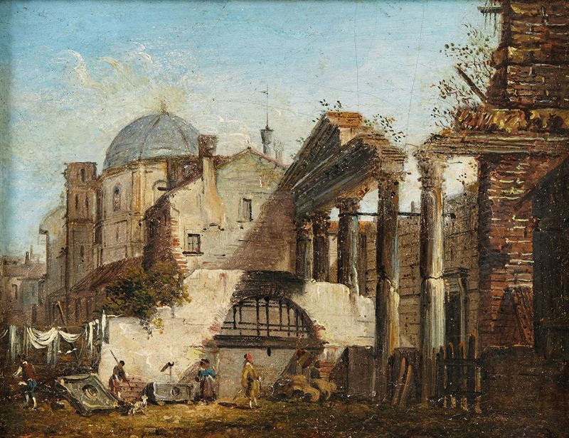 The Forum Romanum by Giovanni Migliara, oil on canvas showing ancient ruins illuminated by sunlight.