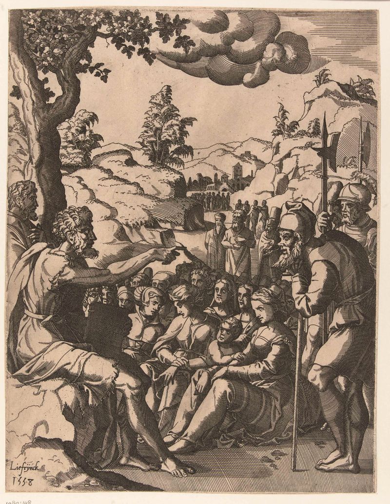 Prediking van Johannes de Doper, gravura de Hans Liefrinck (I) retratando uma cena religiosa com figuras.