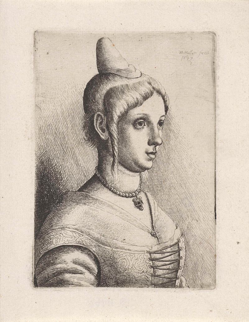 Grabado de una joven con un sombrero cónico de Wenceslaus Hollar