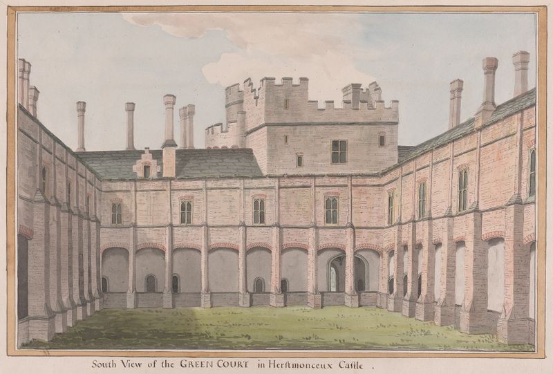 Herstmonceux Castle, oil on canvas by James Lambert, showing moss-covered stones in a green court.