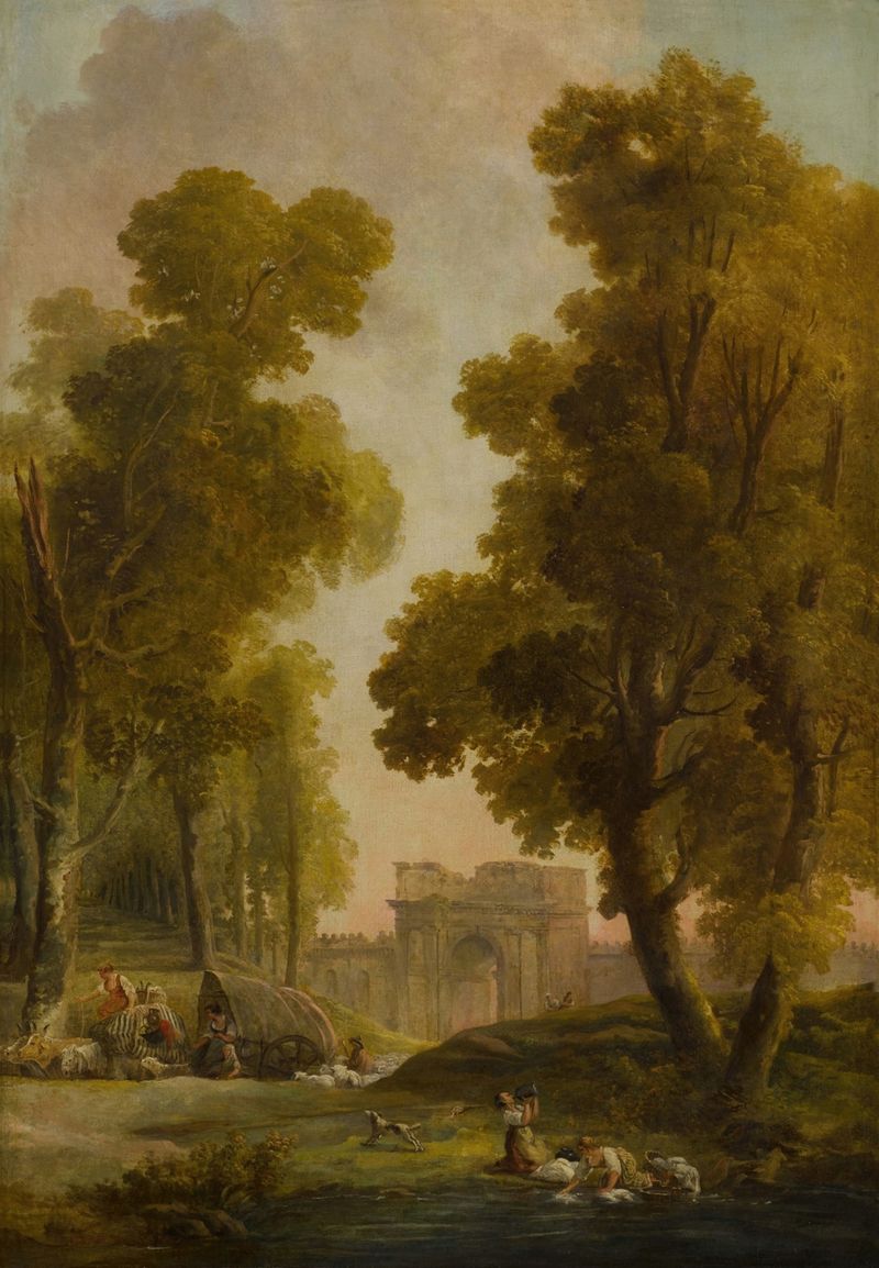 Lavadeiras em uma paisagem, com pastores, de Hubert Robert, meio desconhecido
