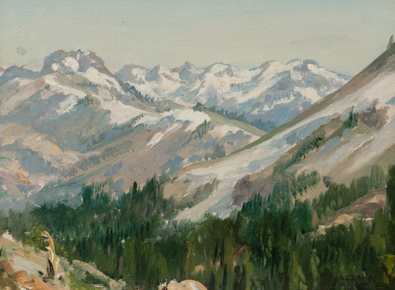 Winter landscape with snow covering branches, by William Franklin Jackson