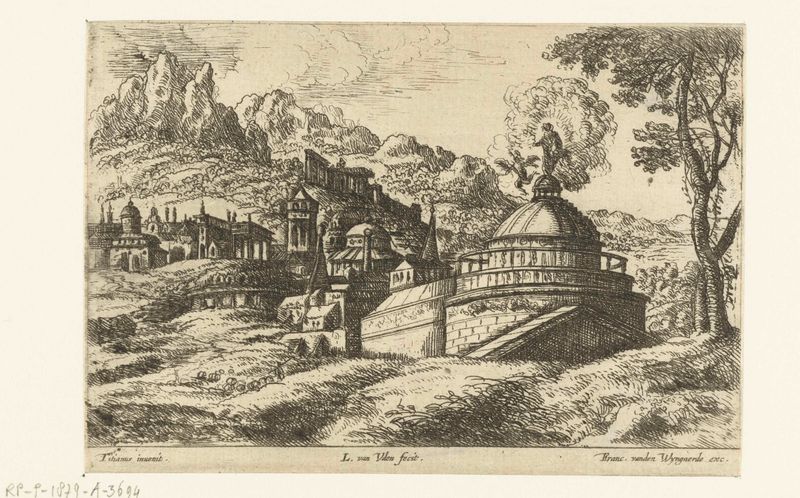 Gravura de Unknown Artist retratando uma paisagem com uma cidade histórica e uma montanha.
