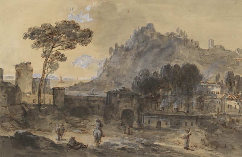 Rococo oil painting of a coastal landscape with a town and mountains by Francesco Zuccarelli.