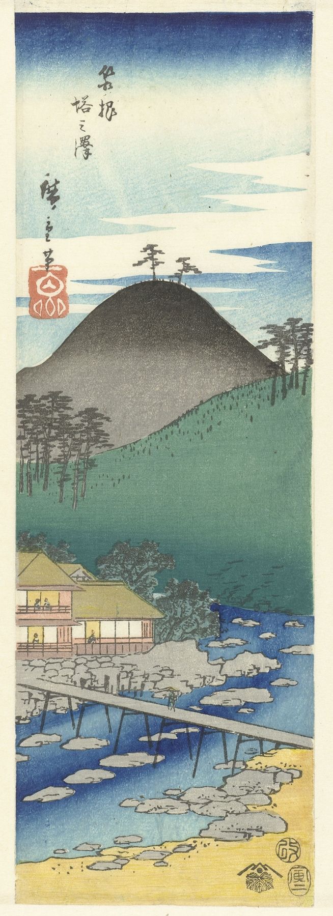 Gravura em madeira de Utagawa Hiroshige retratando um rio fluente em uma paisagem tranquila.
