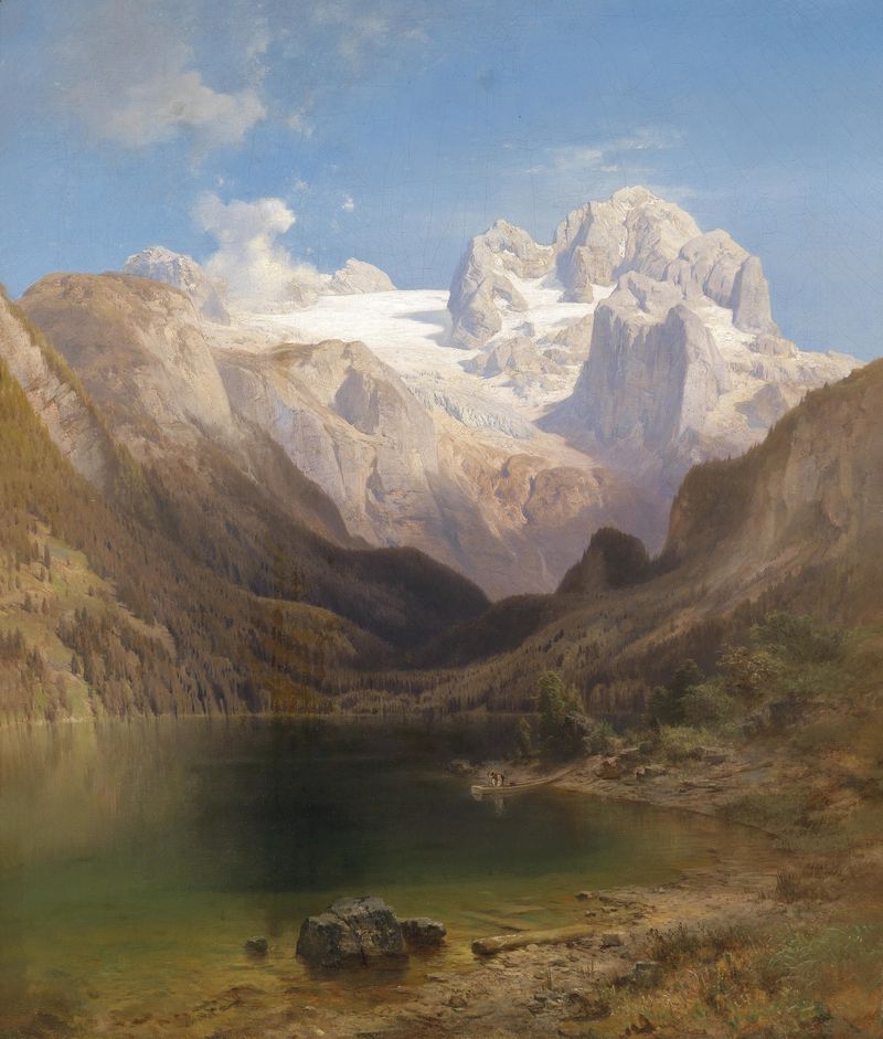 Landscape featuring a lake and mountains by Anton Hansch, oil painting