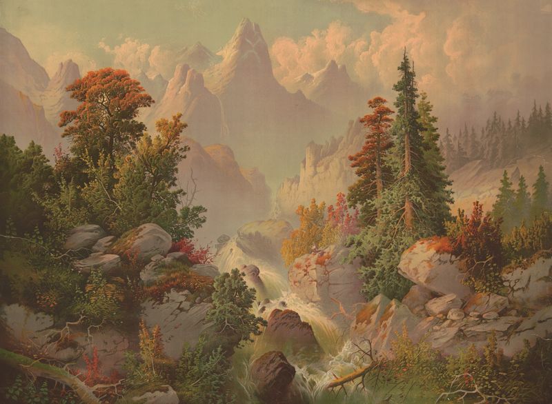 Cascade in the Rocky Mountains by Gibson & Co. Lith, lithograph depicting a waterfall and forest.