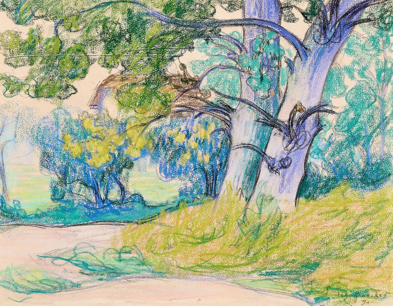 Oil painting by Claude Emile Schuffenecker depicting a serene woodland pathway with dappled light.