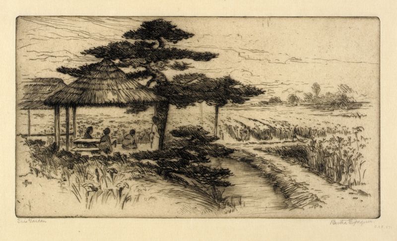 Aquarela de Bertha Jaques mostrando íris em um jardim com uma figura.