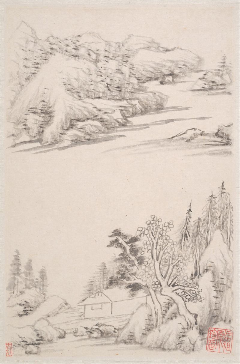 Landscape by Dong Qichang, Chinese Traditional, depicting distant mountains and nature.