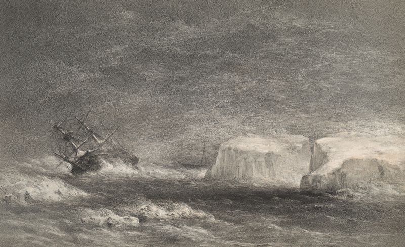 Oil painting by Walter William May depicting H.M.S. Assistance battling stormy seas.