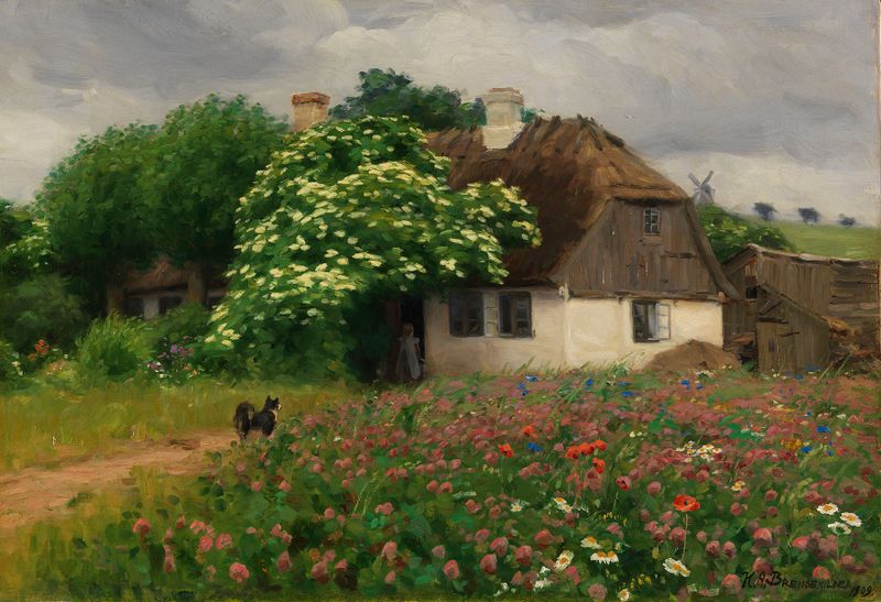 Oil painting of a farmhouse surrounded by meadow flowers by Hans Andersen Brendekilde