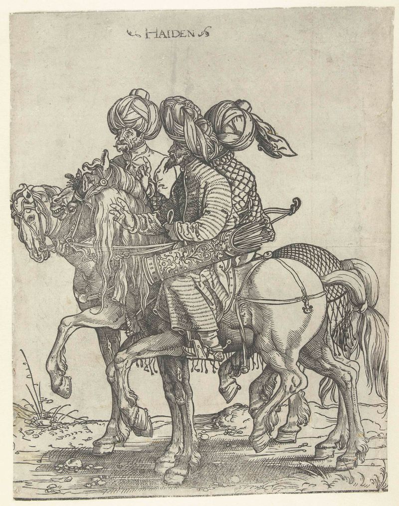 Drie boogschutters te paard, etching by Jan Swart van Groningen, depicting horsemen in ornate attire