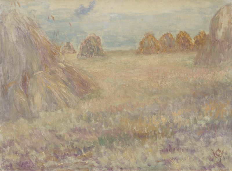 Genre scene depicting figures laboring in a field, oil painting by Willy Schlobach