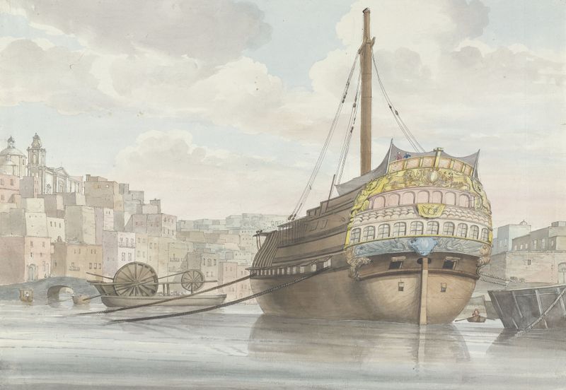 Aquarela de Abraham-Louis-Rodolphe Ducros mostrando uma cena de porto com um navio.