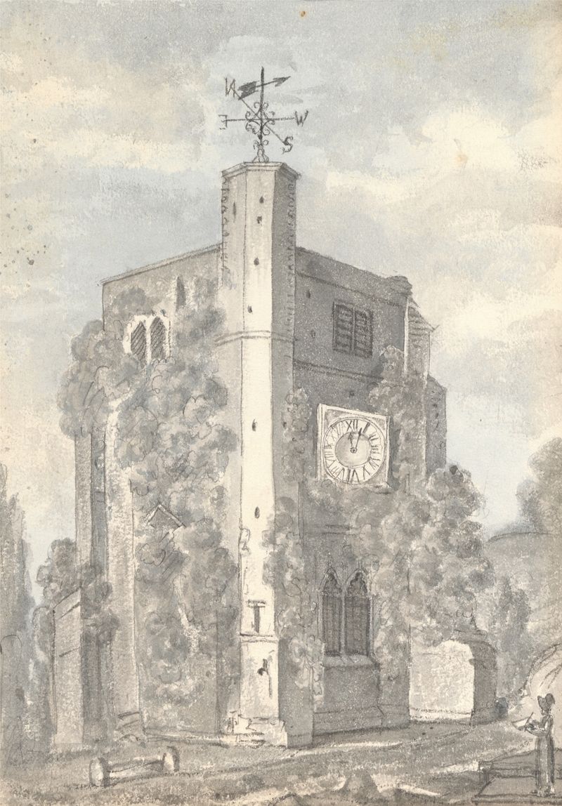 Hornsey Church by Anne Rushout, oil on canvas, showcasing a luminous church facade