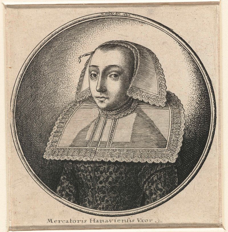 Retrato de una mujer con un gran cuello y tocado, grabado de Wenceslaus Hollar