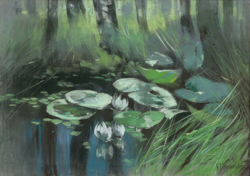 Lily pads and water reflections in Teich in der Mark mit Seerosen by Karl Hagemeister, oil on canvas