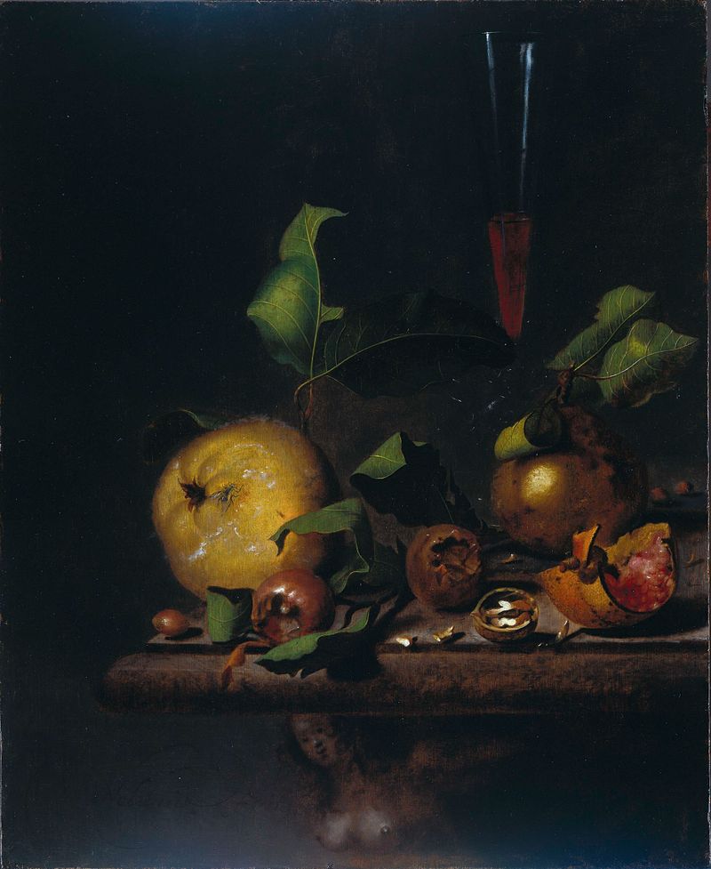 Still life oil painting by Martinus Nellius featuring quinces, medlars, and a glass.
