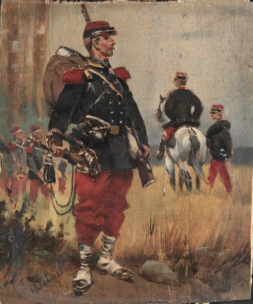 A detailed painting of soldiers in a historical setting.