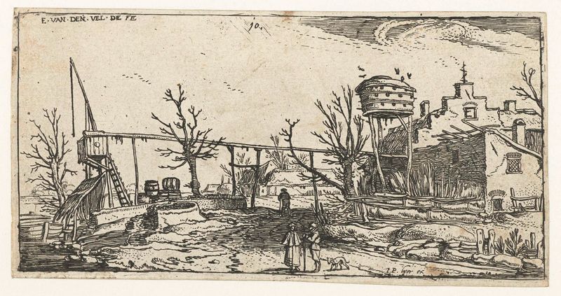Landschap met een brouwerij by Esaias van de Velde, etching depicting a brewery in a serene landscape.