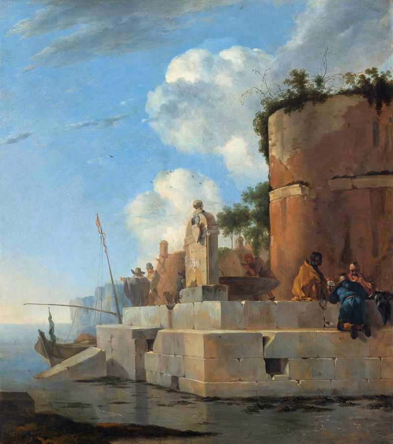 A Coastal Ruin in Italy, pintura al óleo de Jan Asselijn que muestra ruinas costeras y naturaleza.