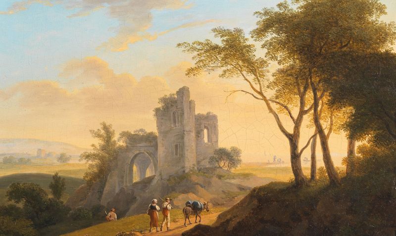 Landschaft Mit Ruine Und Wanderern by Franz Scheyerer, oil on canvas depicting hikers in a serene landscape.