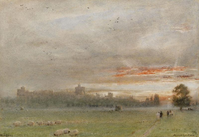 Windsor Castle by Albert Goodwin, watercolor on paper, featuring soft hues and light.