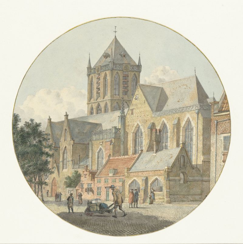 De St.-Jacobskerk te Utrecht de Johannes Huibert Prins, óleo sobre lienzo que representa una iglesia y paisaje.