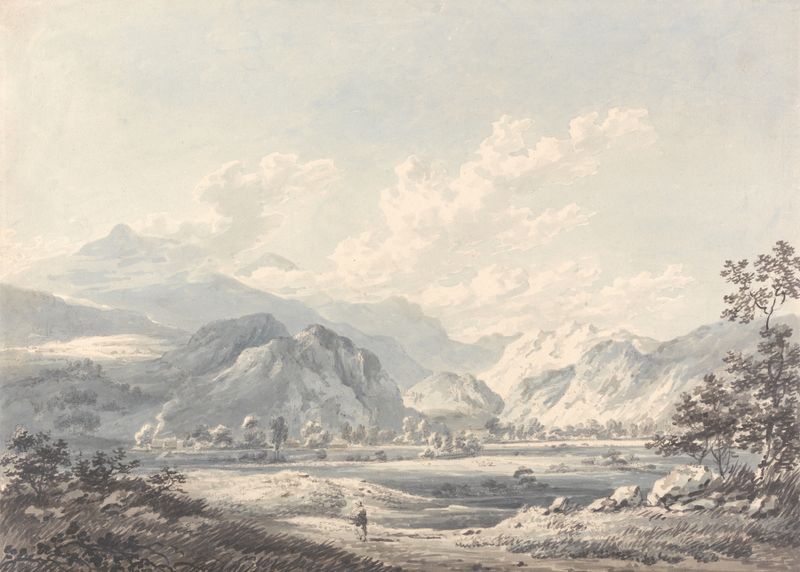 Cumberland Landscape de Edward Dayes, óleo sobre tela representando uma floresta serena com luz dourada.