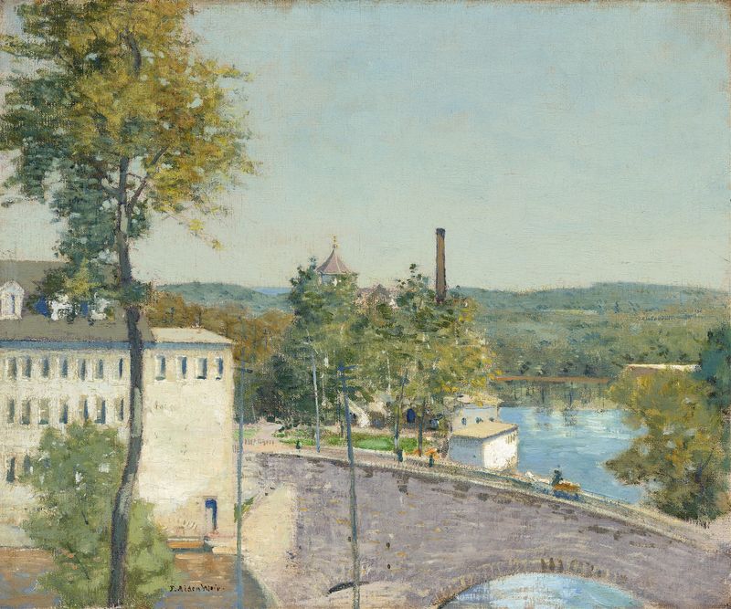 U.S. Thread Company Mills by Julian Alden Weir, oil painting of a brick mill against a bright sky.
