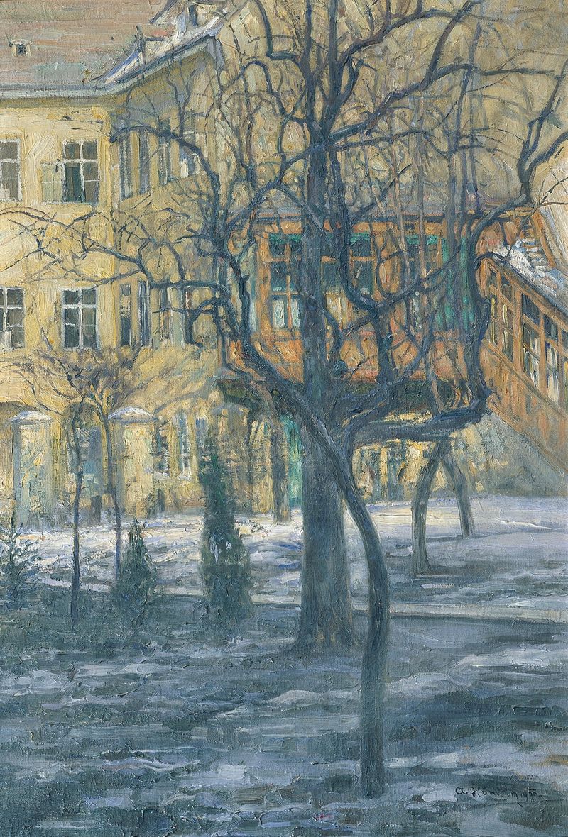 Letzter Schnee by Alois Hänisch, oil on canvas depicting a snow-covered landscape with soft light.
