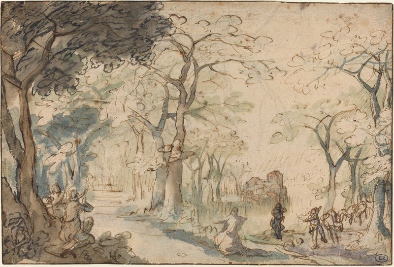 Landscape with Elisha Mocked, oil painting by David Vinckboons depicting Elisha in a serene landscape.