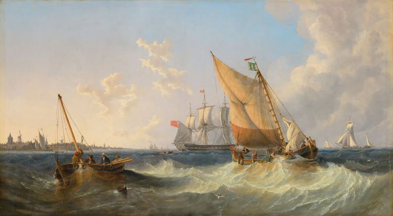 Oil painting by John Wilson Carmichael depicting choppy waves and stormy clouds near Rotterdam