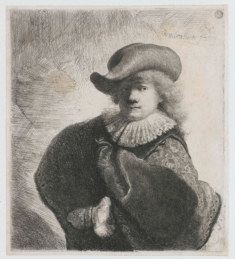 Autorretrato con sombrero blando y capa estampada, grabado de Rembrandt van Rijn