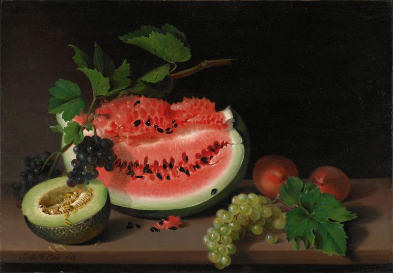 Still Life with Watermelon de Sarah Miriam Peale, óleo sobre painel mostrando uma melancia e luz.